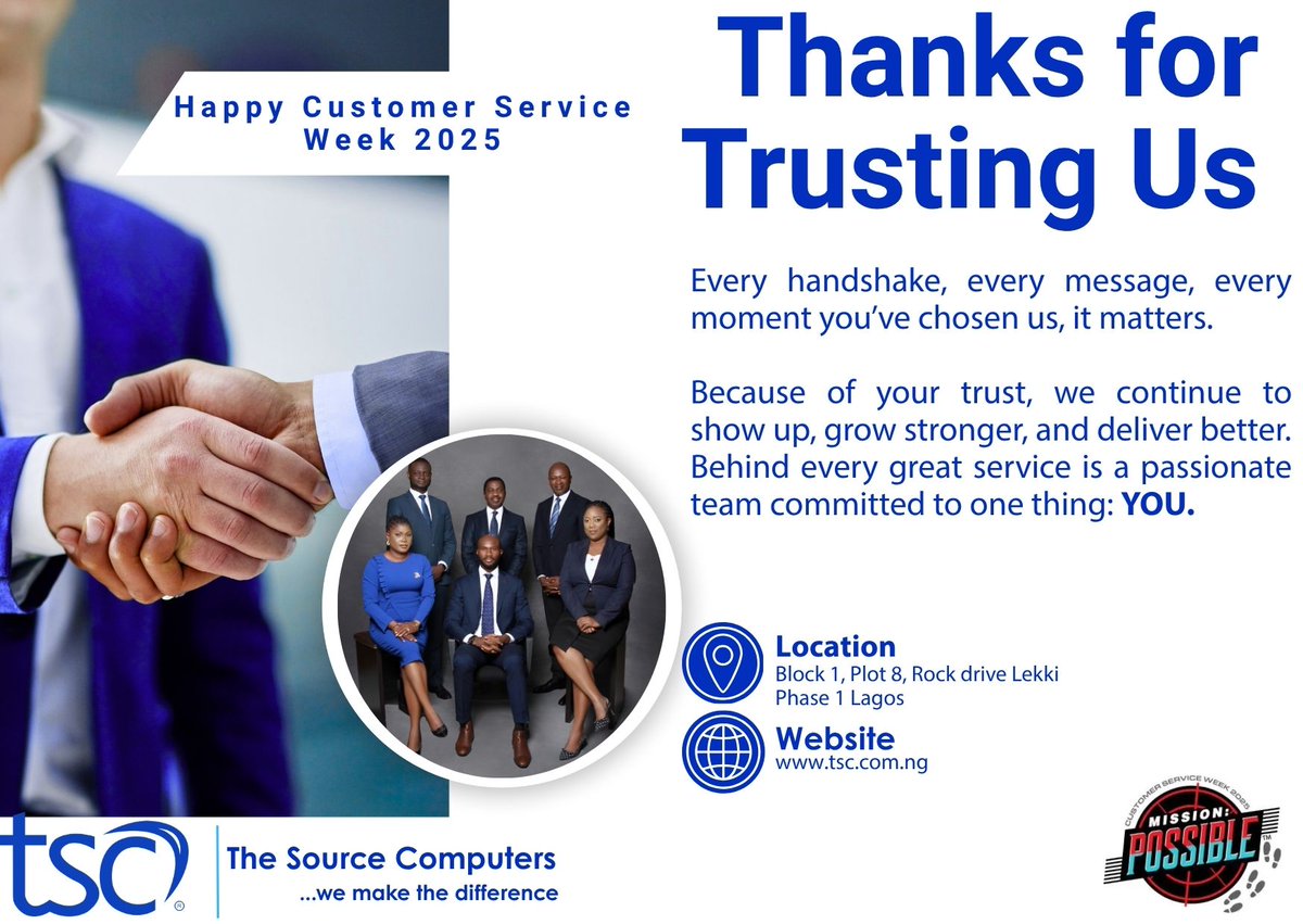 Happy Customer Service Week (Day 1).

This week, we shine the spotlight on our incredible support team, the faces behind the care, the conversations, and the commitment.

#CustomerServiceWeek
#TSCServesYou
#TSCAtYourService
#PoweredByYourTrust
#MeetTheTeam