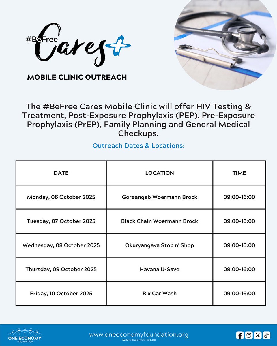 📌 Take note of the #BeFree Cares Mobile Clinic outreach schedule for this week.

 We’re bringing health services closer to you, look out for when we’ll be in your community and don’t miss out!
