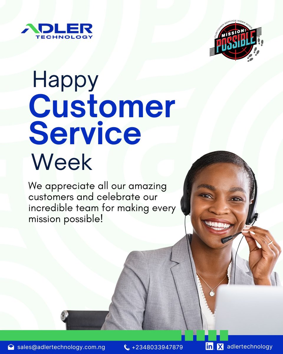 adlertechnology's tweet image. Happy Customer Service Week
This week, we celebrate YOU  the reason every mission is possible! Your trust drives us to go the extra mile every day.
Here&apos;s to turning challenges into achievements together.

#adlertechnology #customerserviceweek #missionpossible