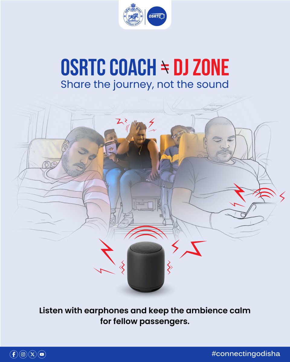 OSRTC_Odisha's tweet image. Courtesy Makes Every Journey Better 
Every passenger deserves a peaceful journey. Please avoid playing loud music or videos on speaker mode while traveling . Use earphones & maintain a calm ambience inside the coach. Together, let’s make every journey pleasant.
#OSRTCforAll