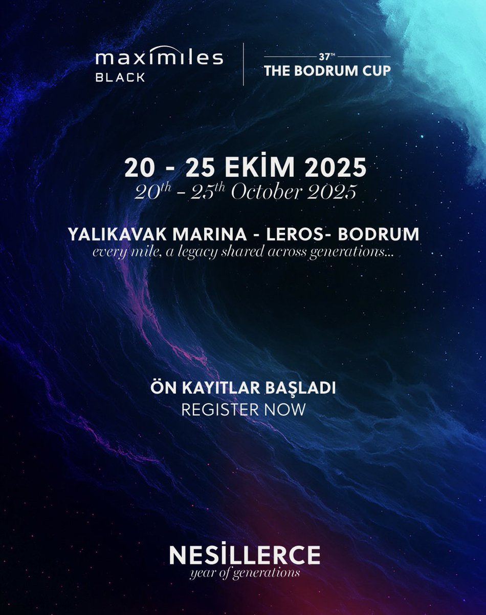 BodrumCup's tweet photo. Kayıtlar başladı! ⛵️

⏱️ Yılın The Bodrum Cup zamanı için geri sayım başladı.

20-25 Ekim 2025’te, Maximiles Black The Bodrum Cup’ın 37. yılında yelkenler bir kez daha Bodrum’un rüzgarıyla buluşuyor. https://t.co/b4FUdxBvyG