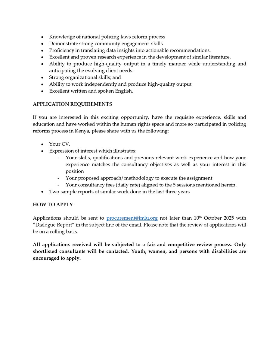 IMLU is seeking a consultant to develop a dialogue outcome report for the IMLU-UNDP LGA project 2025 Interested? Submit your application by 5 pm, 10th October 2025. Get more details about this engagement and how to apply below. #IkoKaziKE