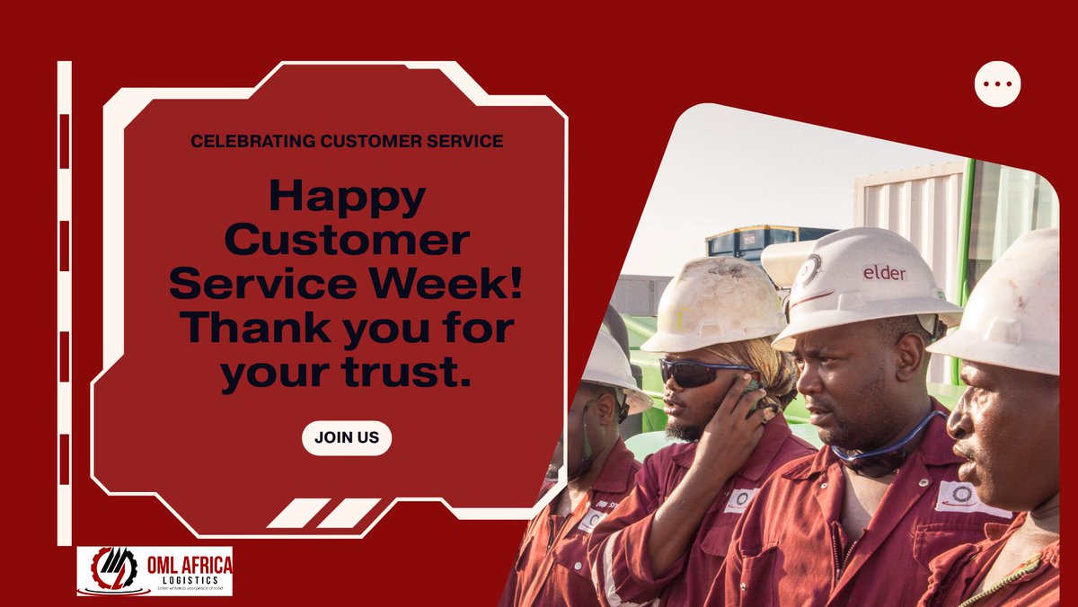 omlafrica_2012's tweet image. Happy #CustomerServiceWeek from OML Africa Logistics!
We celebrate the trust, teamwork, and service excellence that keep Africa moving, safely and on time.
Here’s to the safest wheels to your peace of mind. 💛
#LogisticsThatDeliver #LogisticsWithPeace #CustomerServiceExcellence