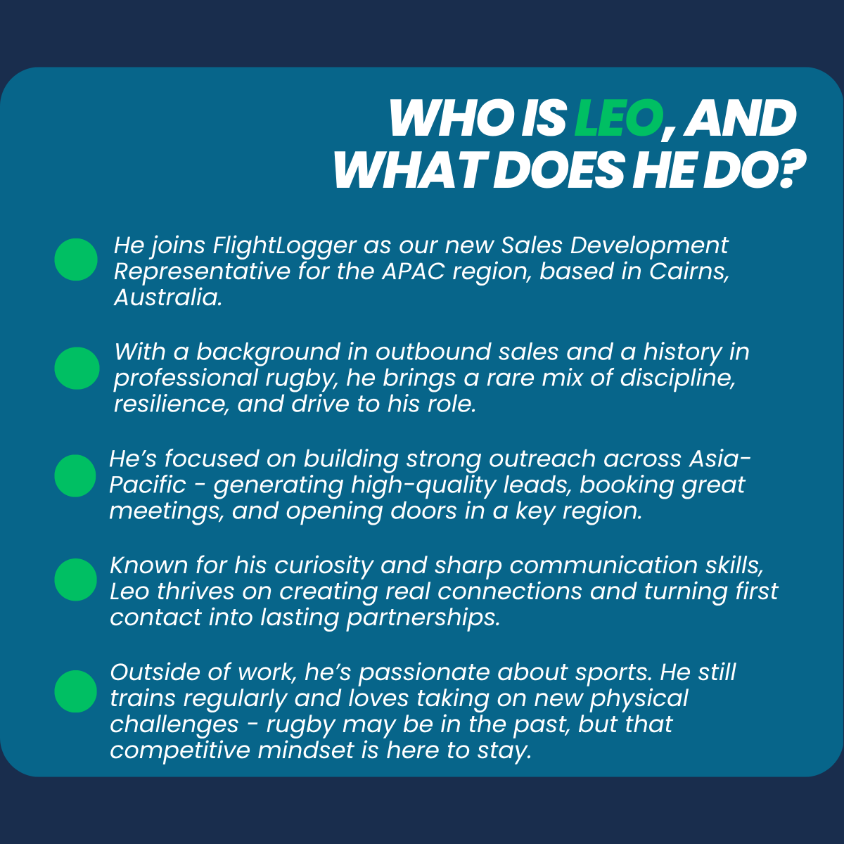 FlightLogger1's tweet image. ✈️ Boarding #TeamFlightLogger!

Say hello to Leo Carella 👋

🎯 His mission? To open doors across APAC and help flight schools discover smarter, more scalable ways to train with FlightLogger.

Let’s fly!

#NewCrew #FlightLogger #AviationTech #BuiltByAviationProsForAviationPros