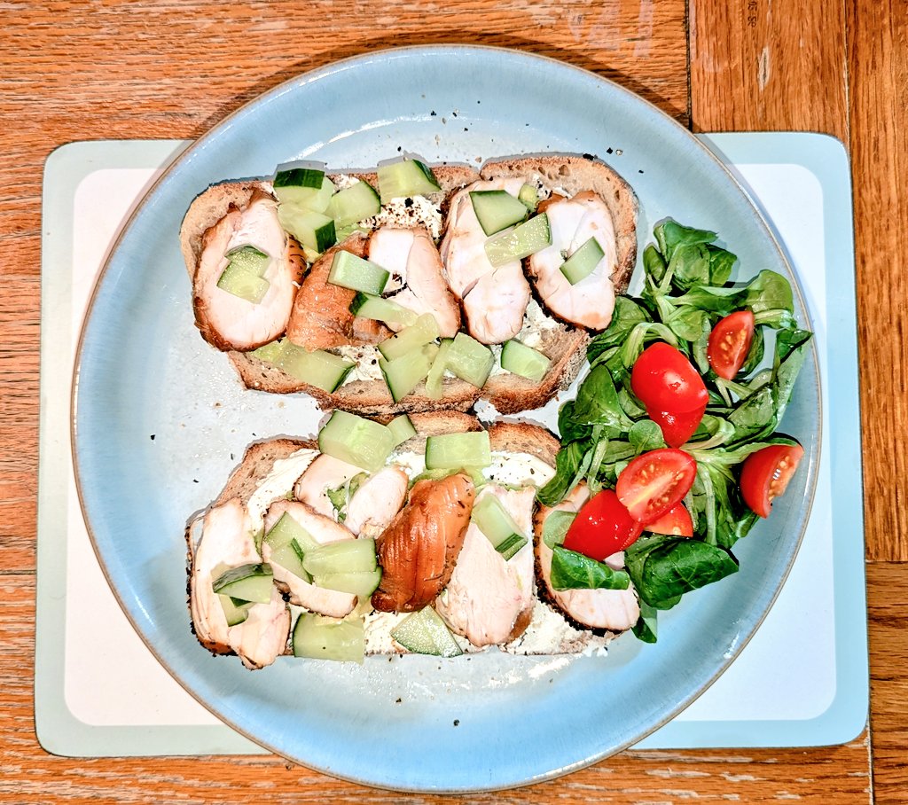 Not AI.

My actual breakfast:

Chicken breast I hickory smoked yesterday, avocado, toast, cream cheese, random salads...