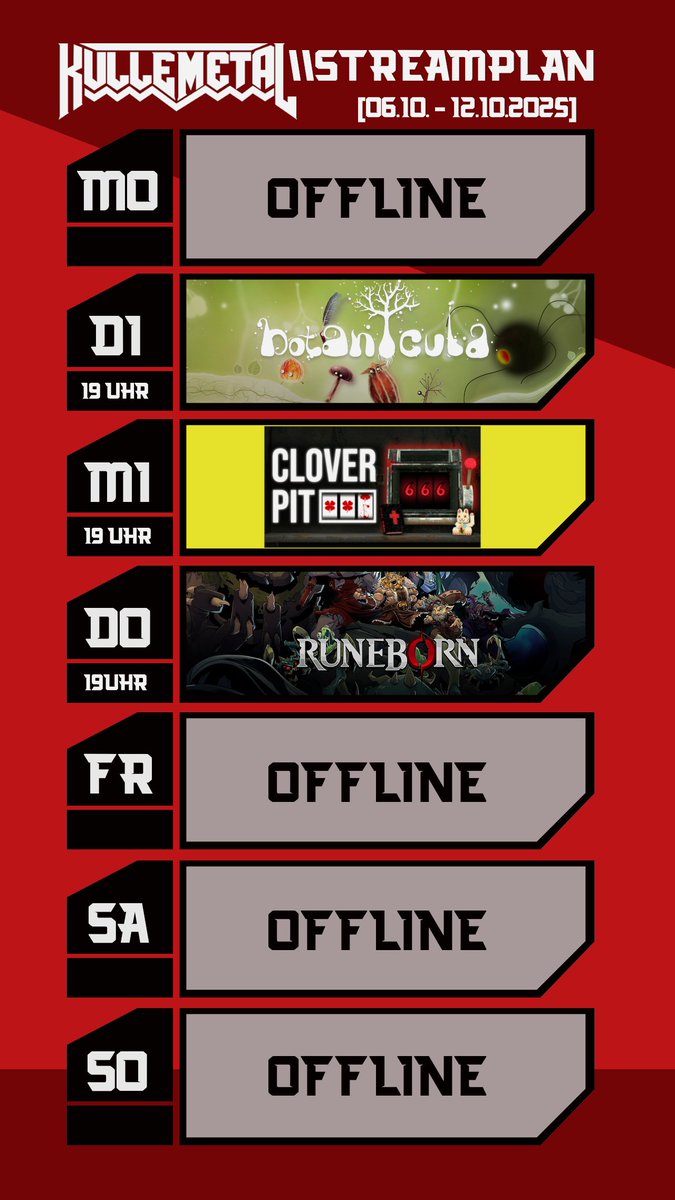 KulleMetal's tweet photo. STREAMPLAN

3 Tage back to back geile Games!
#Botanicula
#CloverPit  
#Runeborn [ Release Day ]

Hier folgen:
https://t.co/S3R6zXFJQd

#twitch #twitchstreamer #kullemetal #emsland https://t.co/rx67gSxXoK