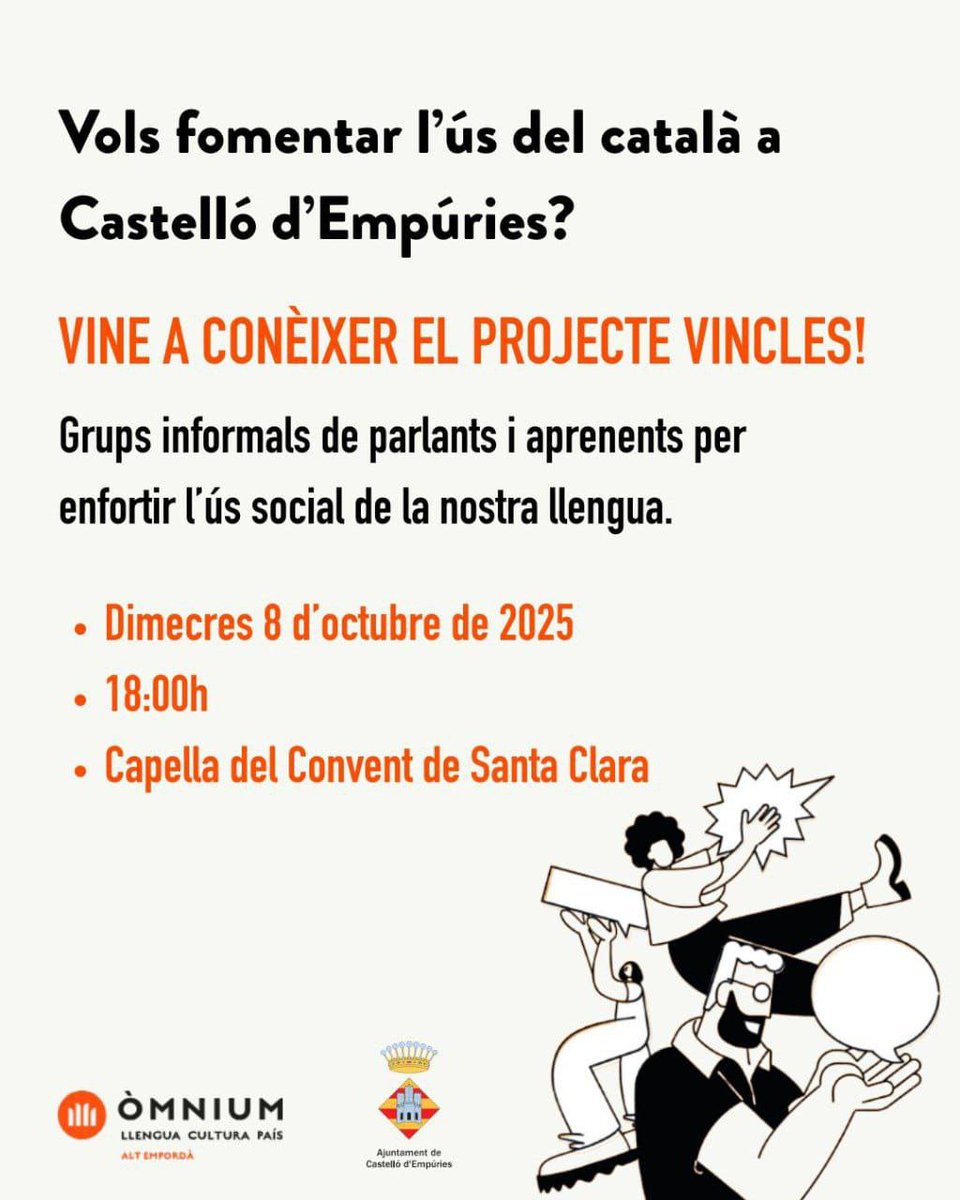 OmniumAltEmp's tweet photo. 📌 Dimecres 8 d'octubre ens trobem a Convent de Santa Clara per parlar del projecte que transforma l'ús social del català, Vincles

🔗 Si vols ser voluntari, inscriu-te i acompanya'ns a reforçar el català:
https://t.co/na5RASYS1i https://t.co/LMKmK433Bu