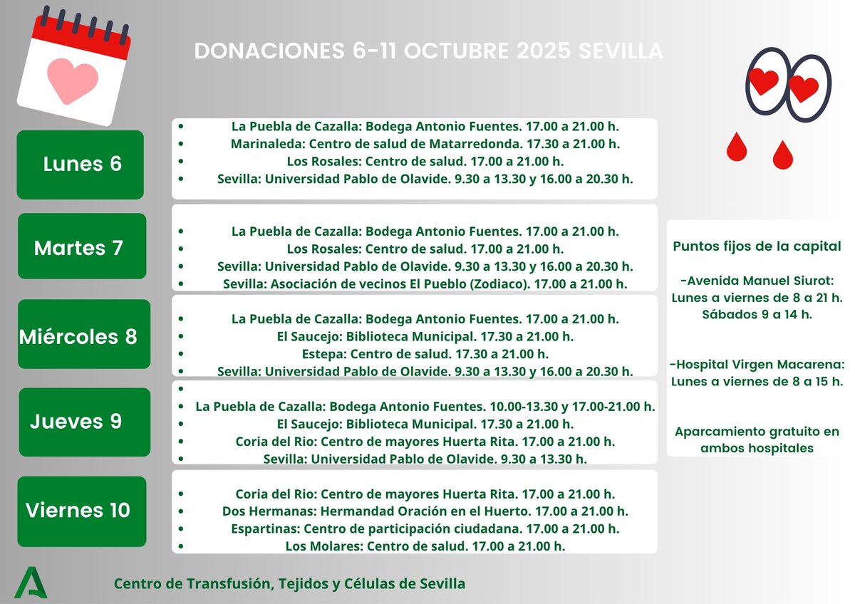 Se aproxima un la #fiestadelaHispanidad y os recordamos que es de vital importancia #donarsangre antes, durante y tras el puente festivo. Consulta aquí todos los puntos previstos esta semana en la provincia de #Sevilla. ¡Te esperamos!