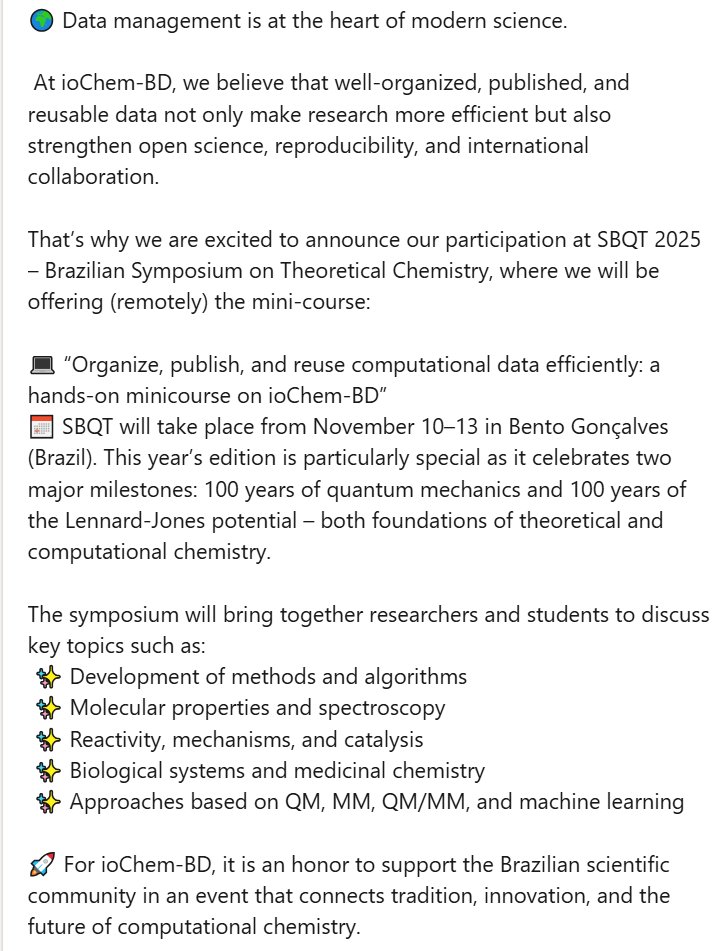 ioChem_BD's tweet image. #SBQT2025 #ComputationalChemistry #DataManagement #FAIRdata #bigdata #OpenScience #MaterialsScience #CienciaBrasil #science #ioChemBD #Reproducibility #Brasil