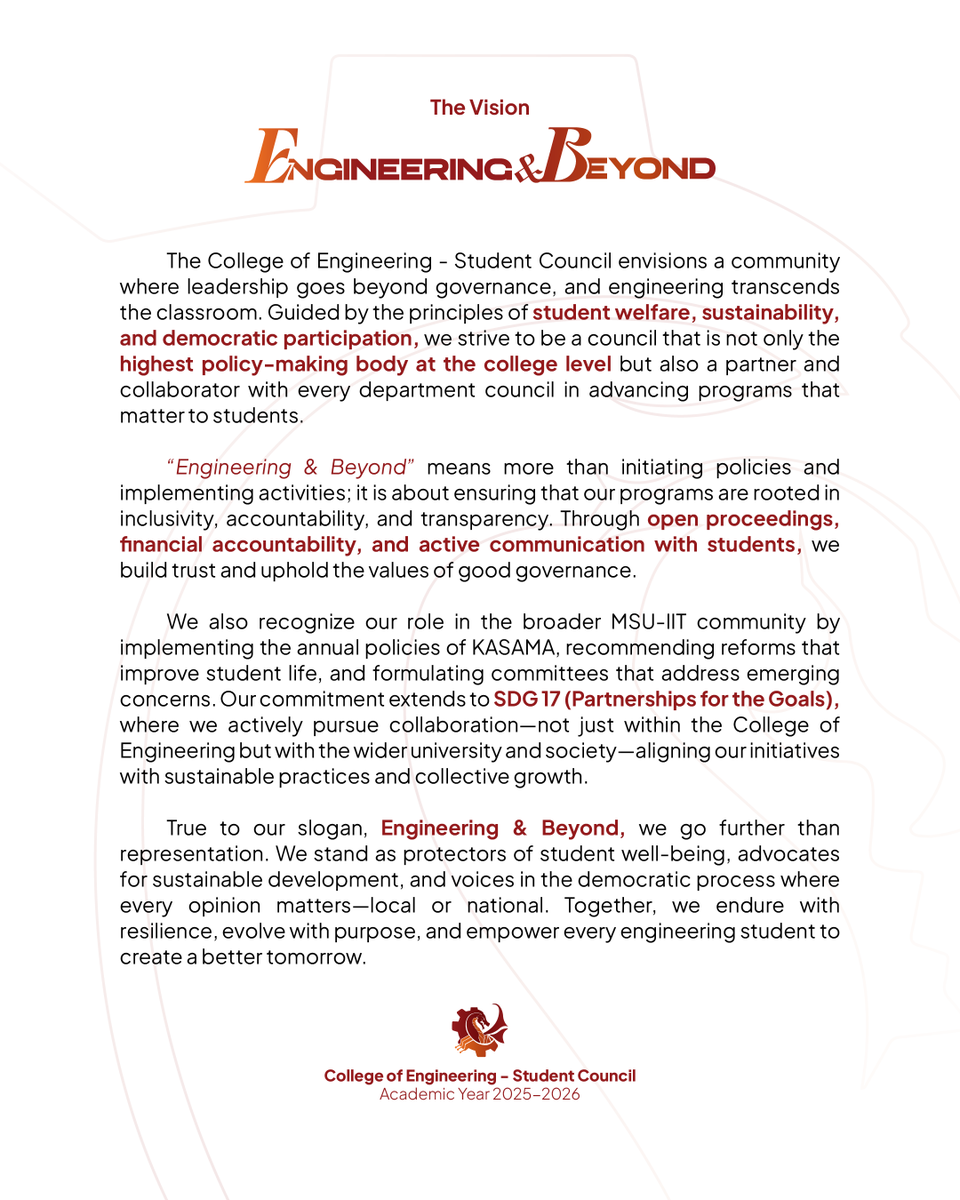 thecoesc's tweet photo. The vision “Engineering &amp; Beyond” captures the College of Engineering’s aim to go past technical skills—embracing leadership, sustainability, and social responsibility.

#COESC2526
#Engineering&amp;Beyond https://t.co/IEea5ZFVr6