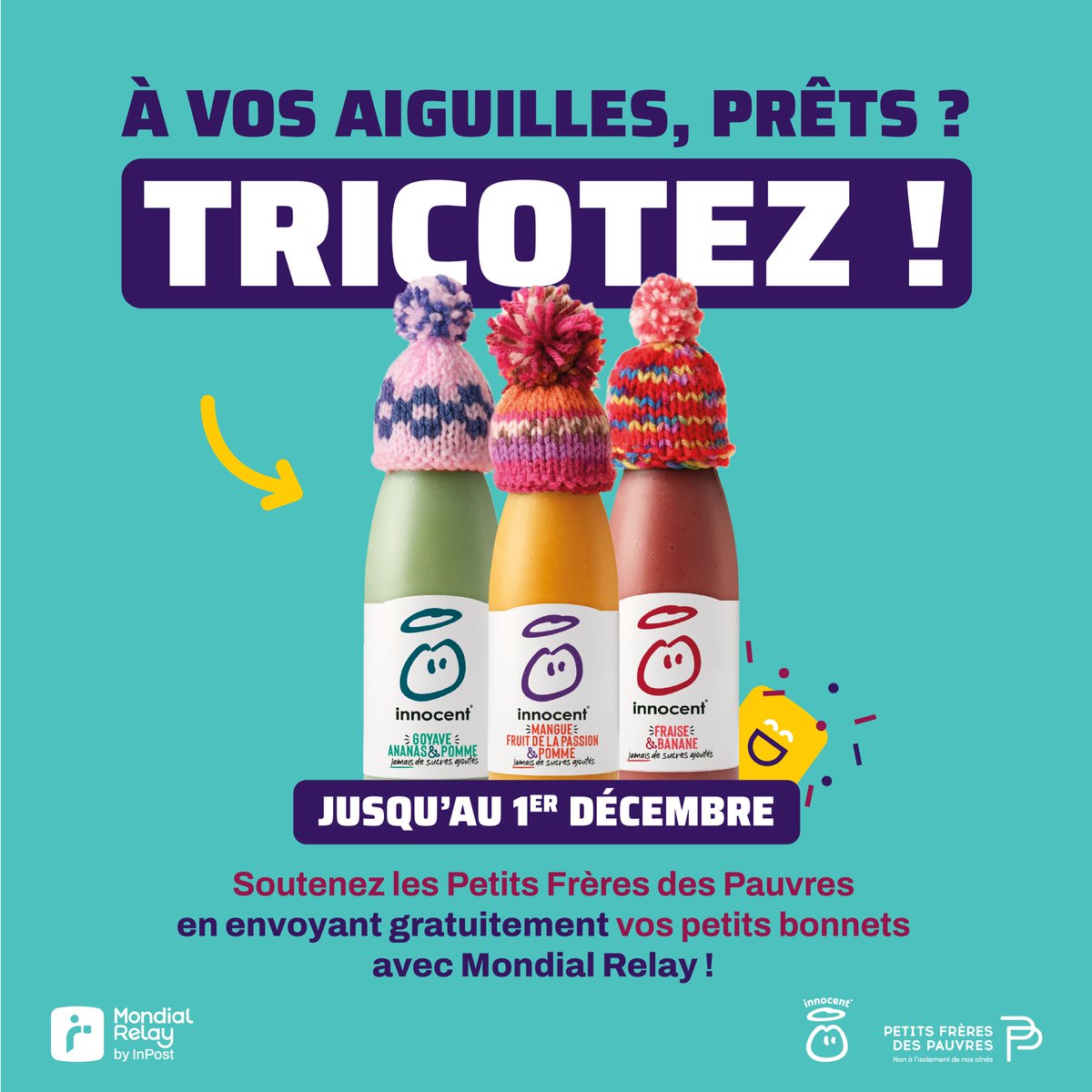 mondialrelay's tweet photo. Mondial Relay repart pour la 7ème année aux côtés d’ @innocent_Fr  et des @PFPauvres !
Vos petits bonnets tricotés financeront une portion de fruits et légumes.

Utilisez l'étiquette d’envoi offerte par Mondial Relay pour envoyer vos créations.

https://t.co/OdPbnTbifc https://t.co/GMEayj8f0y