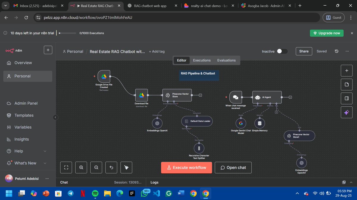 pelztheanalyst's tweet photo. The system retrieves data from Google Drive, processes it using AI (Pinecone and Gemini), and delivers instant, accurate answers.

→ Your team stops answering the same questions 100x
→ Leads get responses even at 2 AM
→ Deploy to WhatsApp, websites, anywhere

Built in @n8n_io https://t.co/rNE31xgg6E