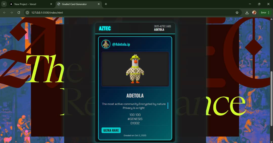 Adetolaluv08's tweet image. I&apos;m excited to announce that I&apos;ve created a custom ID card generator website for the @aztecnetwork Network to increase community participation and highlight its advanced privacy features.

So you can get generate yours here :gaztec.click 

You can quote or reply with…