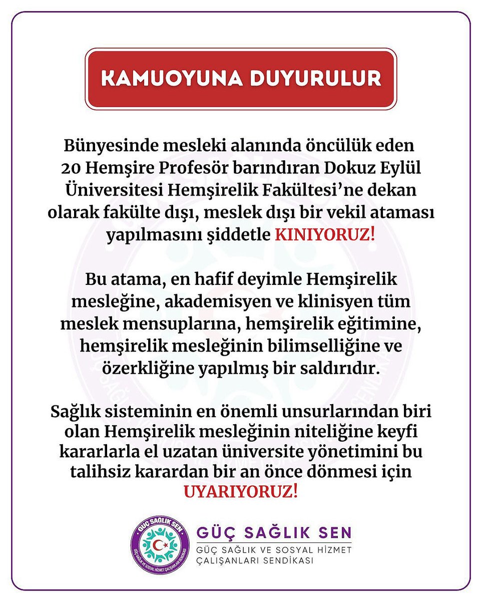 Hemşireliği Hemşireler öğretir!Fakültelerde dekanlık pozisyonu atamaları, akademik ve profesyonel alana etkileri göz önüne alınarak yapılmalıdır.
İlgili alanda birikimi, donanımı olmayan kişilerin bu makamlara atanması, mesleki alana her boyutta kasıtlı bir saldırıdır.