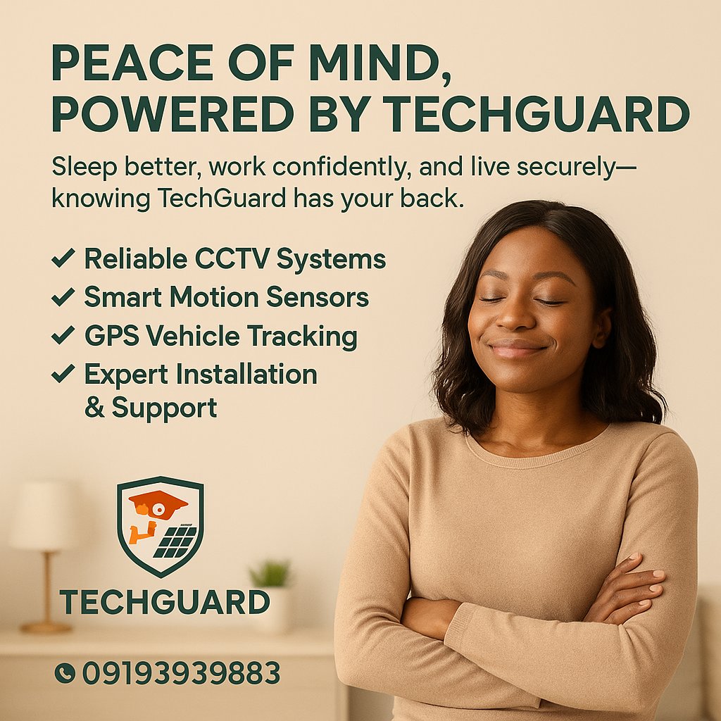 TechGuardNg's tweet image. True peace of mind comes when you know you’re protected.
Choose TechGuard — your trusted partner for CCTV, GPS trackers, and security systems that work.

#TechGuard #SmartSecurity #CCTVInstallation #GPSTracker #SafetyFirst #NigeriaSecurity