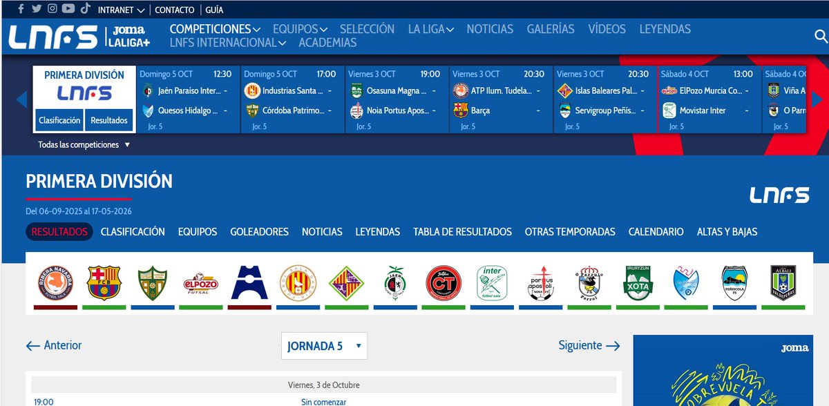 ✖️ Desde que llego la era digital, la jornada del 04-10 ha sido la primera que la <a href="/LNFS/">LNFS</a> no se actualiza con resultados. Es su final.
🙇‍♂️Cuanto te vamos a echar de menos. Resultados, trayectorias de clubes y jugadores, etc. Será capaz la web <a href="/rfef/">RFEF</a> de hacerla olvidar. Dudas; muchas.
