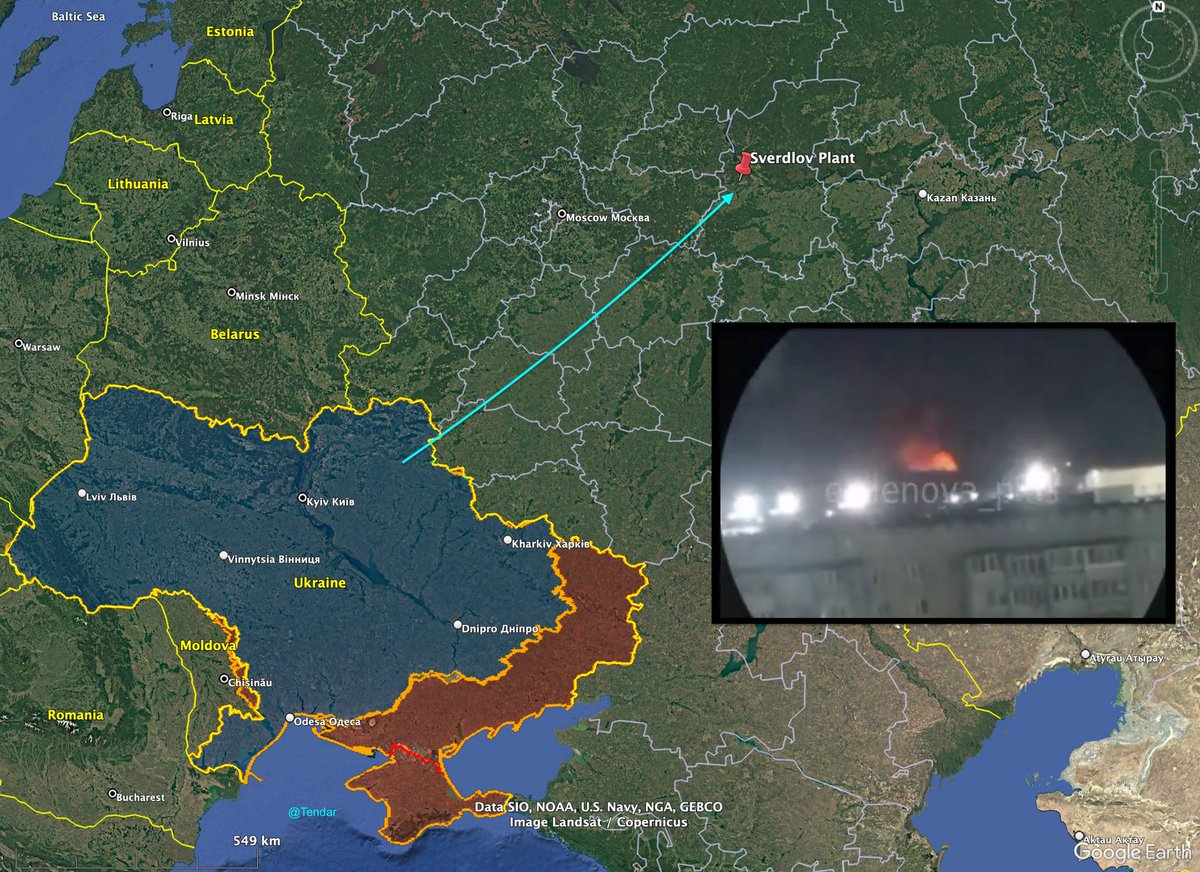 Last night the Sverdlov plant near Dzerzhinsk in the Nizhny Novgorod region, Russia, experienced a strong explosion. A fire coming from this chemical plant belonging to the Russian military industrial complex can be seen.  

This facility, which produces explosives such as RDX