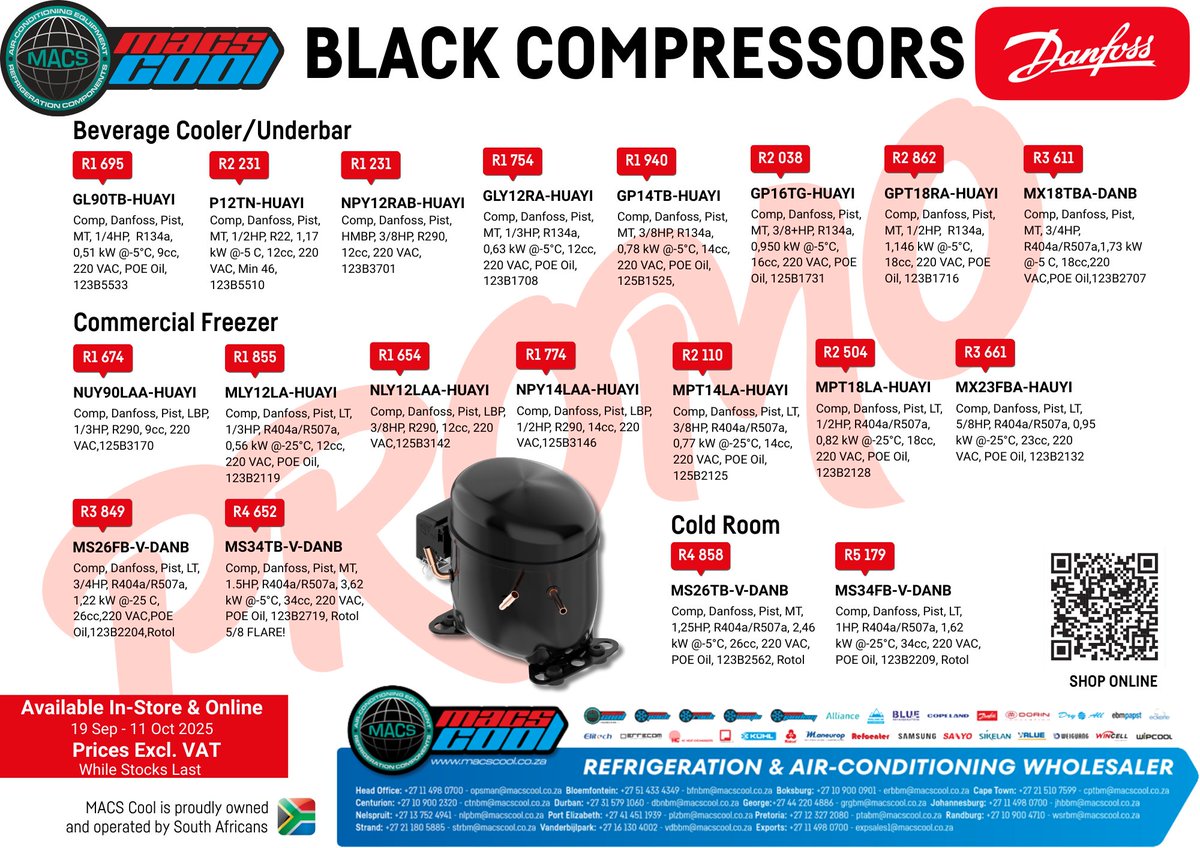 MACS_cool's tweet image. One week left to save big! 
Grab premium Black Compressors for coolers, freezers &amp;amp; cold rooms – in-store or online!
Promo ends 11 Oct 2025 | Excl. VAT | While stocks last.
#MACSCool #DanfossCompressors #BlackCompressorDeals #CoolingSolutions