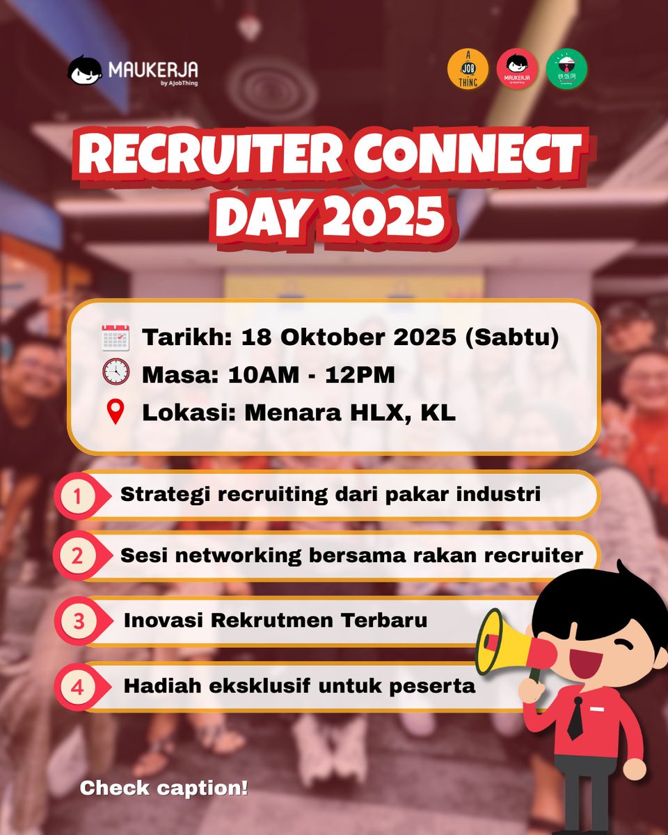 Calling for Recruiter! 💼
Dah lama dalam dunia recruitment atau baru nak mula?

Kami nak jemput korang untuk join Recruiter Connect Day by AJobThing! ✨

🔥 Belajar strategi dari top recruiter
🤝  Sesi networking dengan rakan recruiter lain
📌 Dapatkan feature terbaru untuk