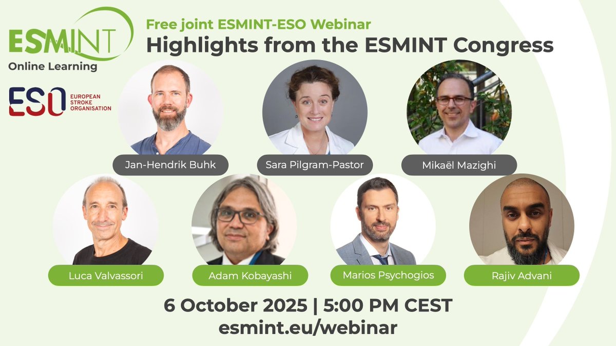 esmintsociety's tweet image. Today 🕔 5 PM CEST | Joint #ESMINT–#ESO Webinar
🎯 Highlights from #ESMINT2025

Moderated by Jan-Hendrik Buhk, Mikaël Mazighi &amp;amp; Sara Pilgram-Pastor
Speakers: Luca Valvassori, @AdamKobayashiMD, @MPeyT1 &amp;amp; @rajeroni

🎥 Live &amp;amp; interactive – free to join!
🔗 buff.ly/bXn7WCa
