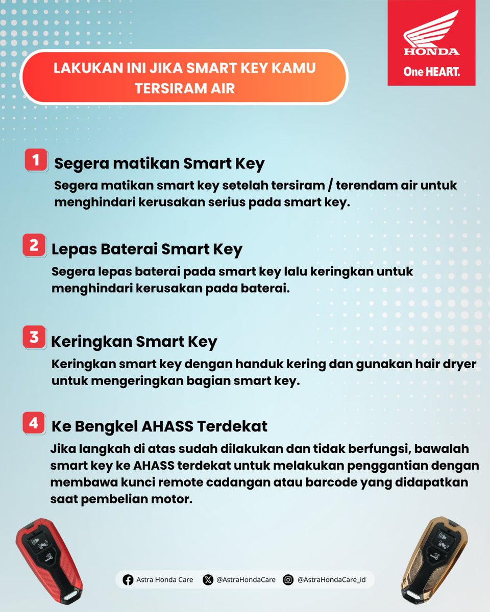 AstraHondaCare's tweet image. Remote Smart Key kamu nggak sengaja kena air?Tenang brosis, jangan panik dulu! 🙌MiGan ada tips simpel biar remote kamu tetap aman ✨

👉 Cek infonya lengkap di gambar yaa!
#AstraHondaCare #SmartKey #Cari_Aman #SalamSatuHATI