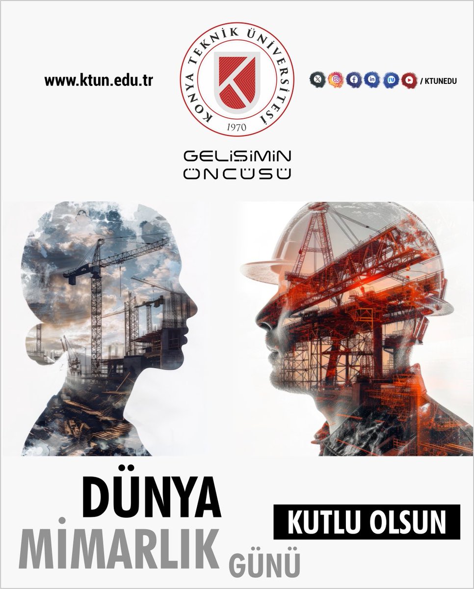 Mimarlar, estetik ve işlevselliği birleştirerek şehirlerimizi geleceğe taşır.

Emeğiyle yaşam alanlarımızı güzelleştiren tüm mimarlara teşekkür ediyoruz.

Dünya Mimarlık Günü kutlu olsun.

#KonyaTeknikÜniversitesi 
#DünyaMimarlıkGünü