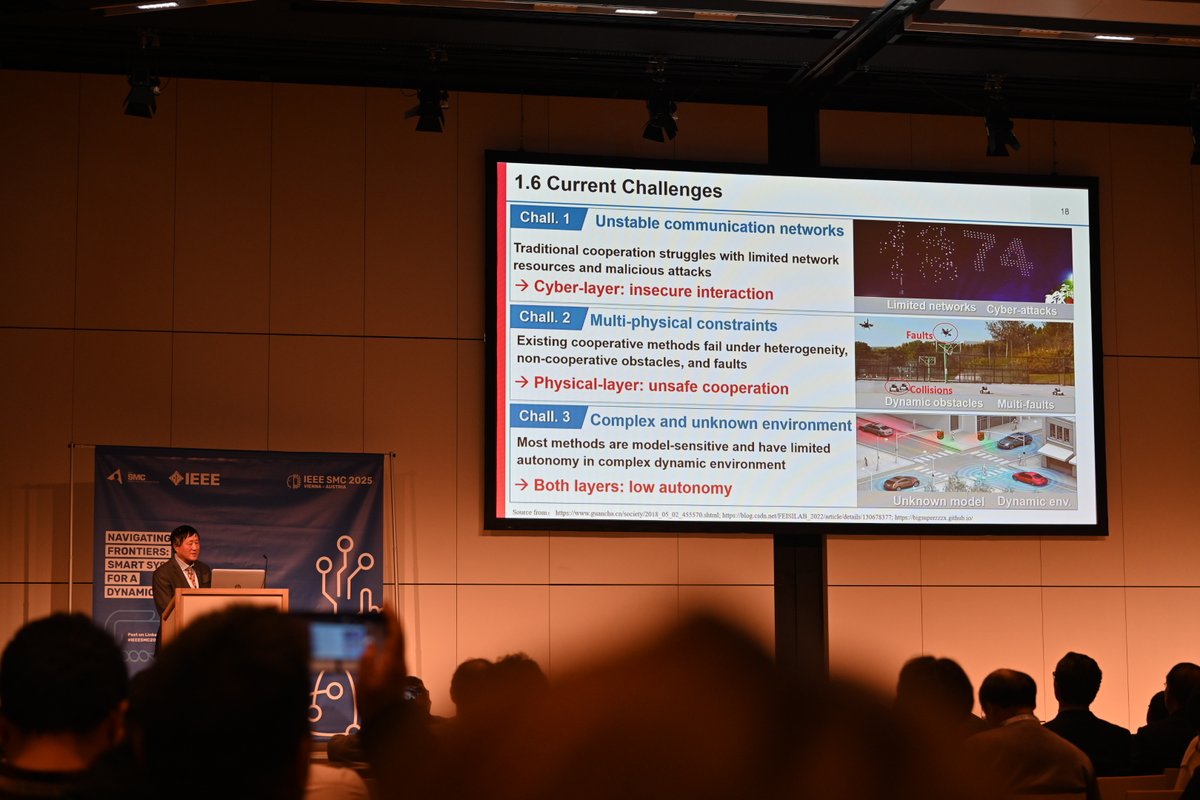 brrossi75's tweet photo. Peng Shi's Keynote: "From Model-based to AI-Empowered Cyber-Physical Multi-Agent Systems" - Main challenges 1. unstable communication networks, 2. multi-physical constraints, 3. complex and unknown environments #ieeesmc25 #ieeesmc2025 #ieeesmc #Vienna https://t.co/knKpT4TPi6