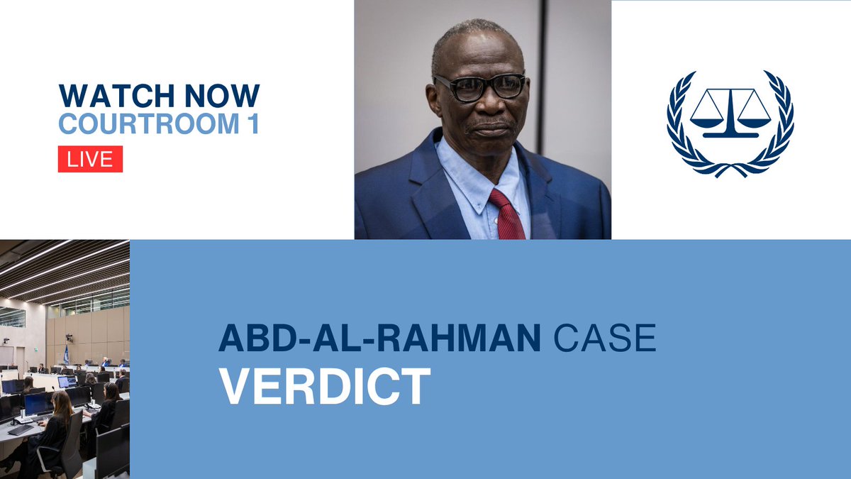 Today: Delivery of the verdict in the #AbdAlRahman case, for crimes against humanity and war crimes allegedly committed in #Darfur, #Sudan.
📺 Watch it live at 14:00 (CEST) on ICC website, Facebook and YouTube.
📖 More info ➡️ icc-cpi.int/news/trial-jud…