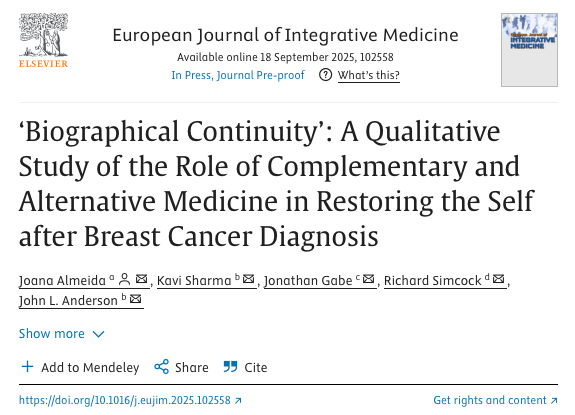 Women w/ #BreastCancer at UK NHS cancer centre often turn to #ComplementaryMedicine - not just for symptom relief, but to reclaim a sense of normality &amp; continuity
doi.org/10.1016/j.euji…
Study explores how self-care, practitioner support, &amp; biomedical tensions shape this journey