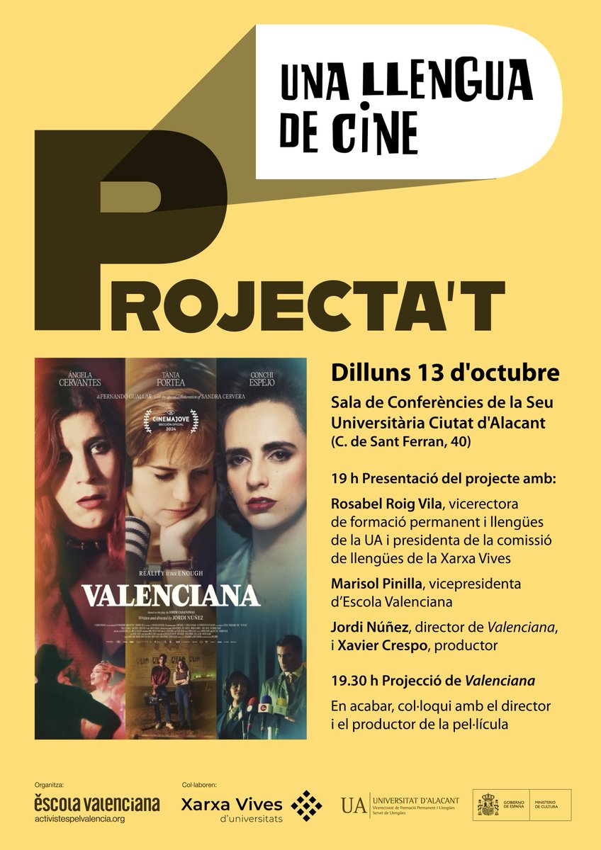 escolatv's tweet photo. 🎬 Presentació de Projecta’t: una llengua de cine!

La @UA_Universidad acull la presentació d'aquest projecte que impulsem  junt amb la @xarxavives  per fer del cinema en valencià un punt de trobada cultural, crític i compartit.

A tots els territoris de domini lingüístic!

👇👇 https://t.co/ypPfofyk8T