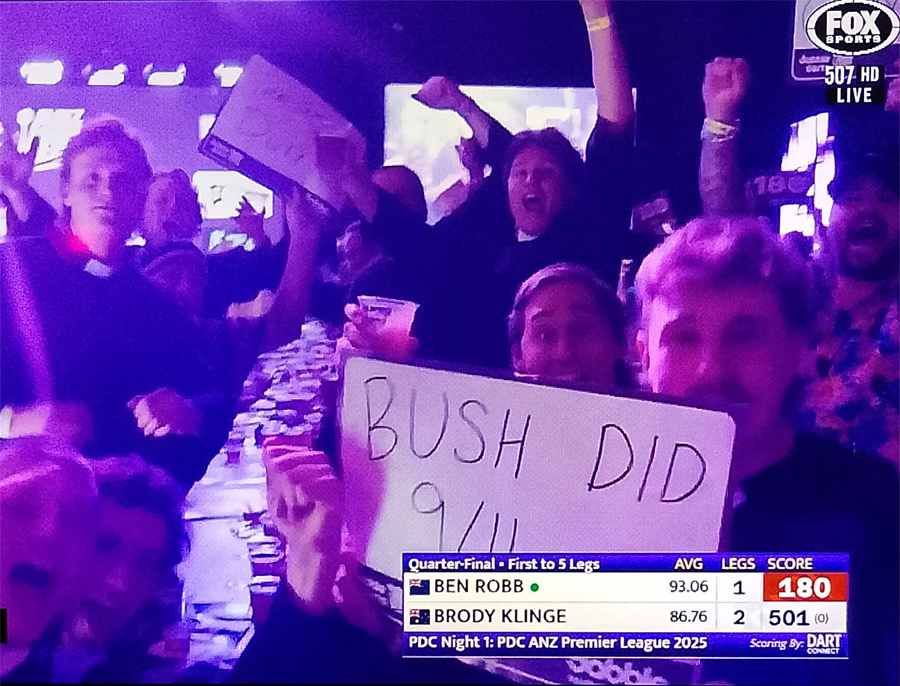 GregDwyer74's tweet photo. Aussies in ripping form with the sign writing at the ANZ Premier League Darts, @badgerloveridge 😂 https://t.co/kZ77EImsiZ
