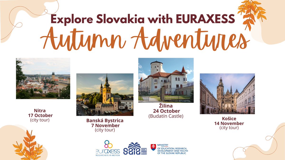 🍂 Join our Autumn Adventures 2025!
Explore Slovakia, meet international researchers &amp; enjoy a friendly Friday afternoon outdoors 🇸🇰
📍 Nitra • Žilina • Banská Bystrica • Košice
🎟️ Free participation!
👉 Register: euraxess.sk/slovakia/news/…
#EURAXESSSlovakia #ResearchInSlovakia