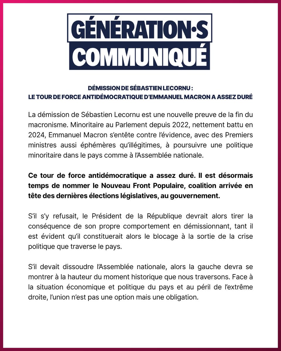 GenerationsMvt's tweet image. Démission de Sébastien Lecornu : le tour de force antidémocratique d'Emmanuel Macron a assez duré.

Le communiqué de Génération·s ⤵️