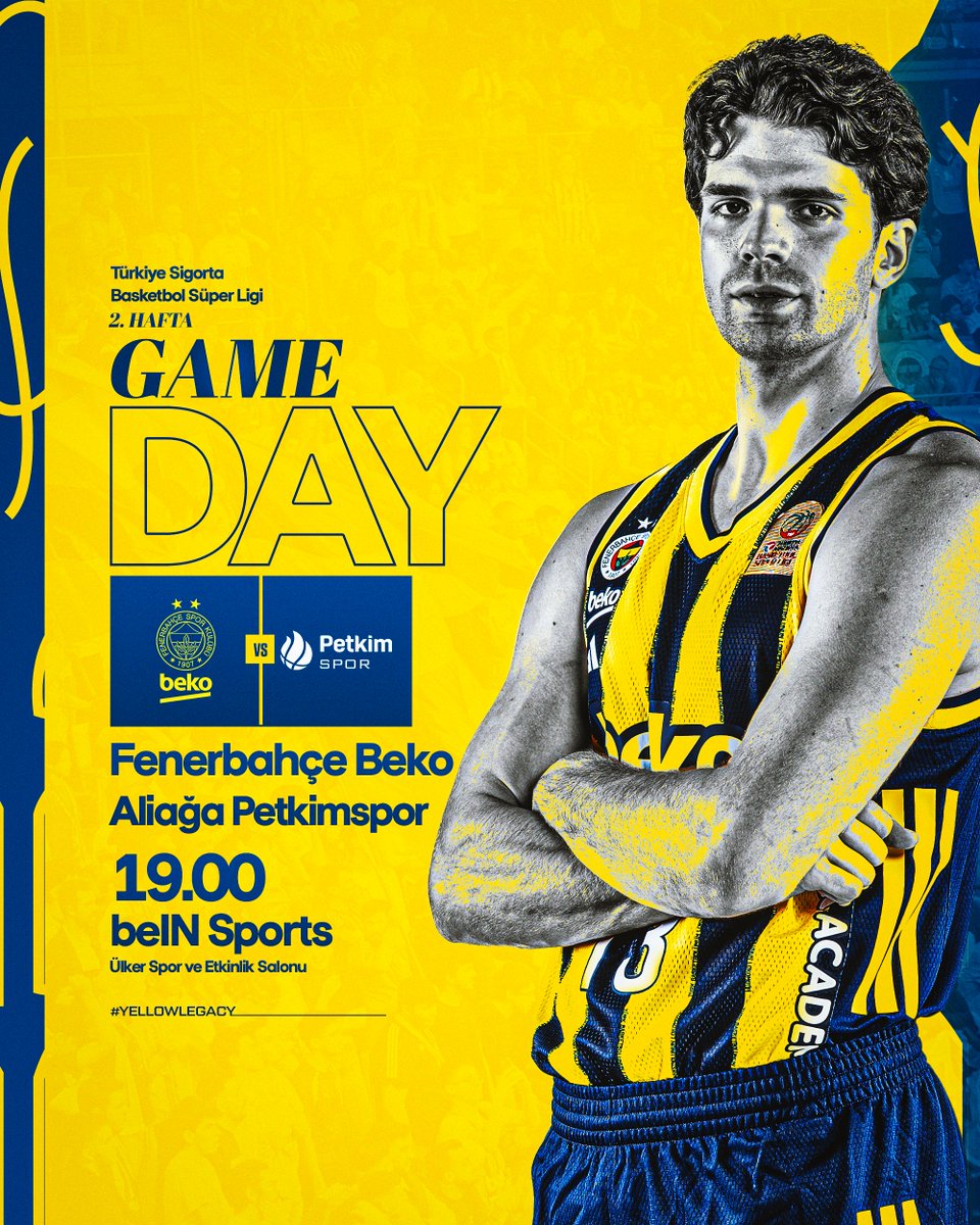 Fenerbahçe Beko (@fbbasketbol) on Twitter photo 🏀 Maç günü!
🏆 <a href="/basketsuperligi/">Türkiye Sigorta Basketbol Süper Ligi</a> 2. Hafta
🆚 Aliağa Petkim Spor
🕗 19.00
📍 <a href="/UlkerSportArena/">Ülker Spor&Etkinlik</a>
🔗 Maç raporu: bit.ly/48MPjL5
🎫 Biletler: bit.ly/46NdR45
📺 beIN Sports 5
📲 #YellowLegacy 🏀 Maç günü!
🏆 <a href="/basketsuperligi/">Türkiye Sigorta Basketbol Süper Ligi</a> 2. Hafta
🆚 Aliağa Petkim Spor
🕗 19.00
📍 <a href="/UlkerSportArena/">Ülker Spor&Etkinlik</a>
🔗 Maç raporu: bit.ly/48MPjL5
🎫 Biletler: bit.ly/46NdR45
📺 beIN Sports 5
📲 #YellowLegacy