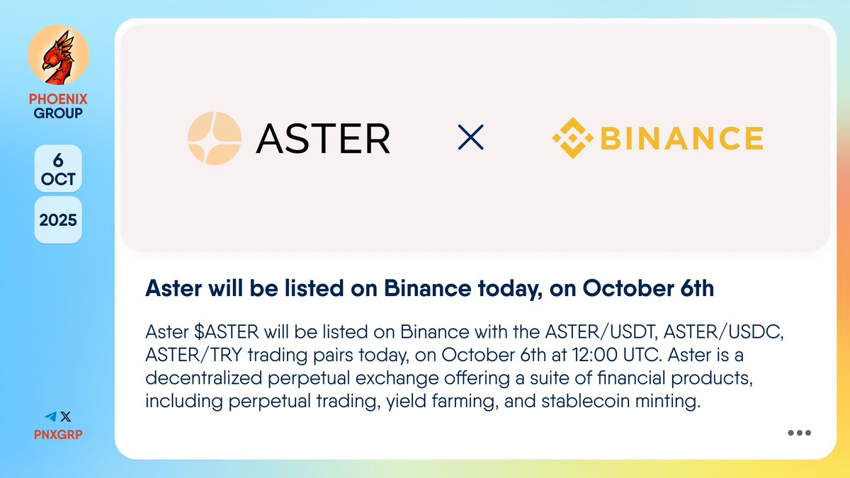 🔥 @Aster_DEX will be listed on @Binance today, on October 6th #Aster $ASTER  will be listed on #Binance with the ASTER/USDT, ASTER/USDC, ASTER/TRY  trading pairs today, on October 6th at 12:00 UTC.