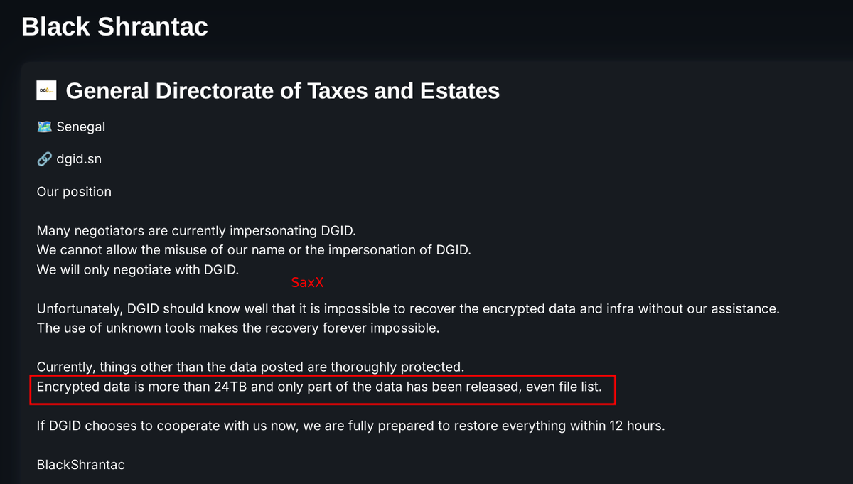 _SaxX_'s tweet image. 🚨🔴 Cyberattaque DGID Sénégal 🇸🇳 : Le groupe Black Shrantac mentirait peut-être ? Nouveaux rebondissements encore 👇🏾

Je suis l&apos;affaire de la cyberattaque qui touche la DGID pour vous et j&apos;essaie d&apos;en profiter pour faire bcp de pédagodie.

Hier nuit encore, la revendication de…