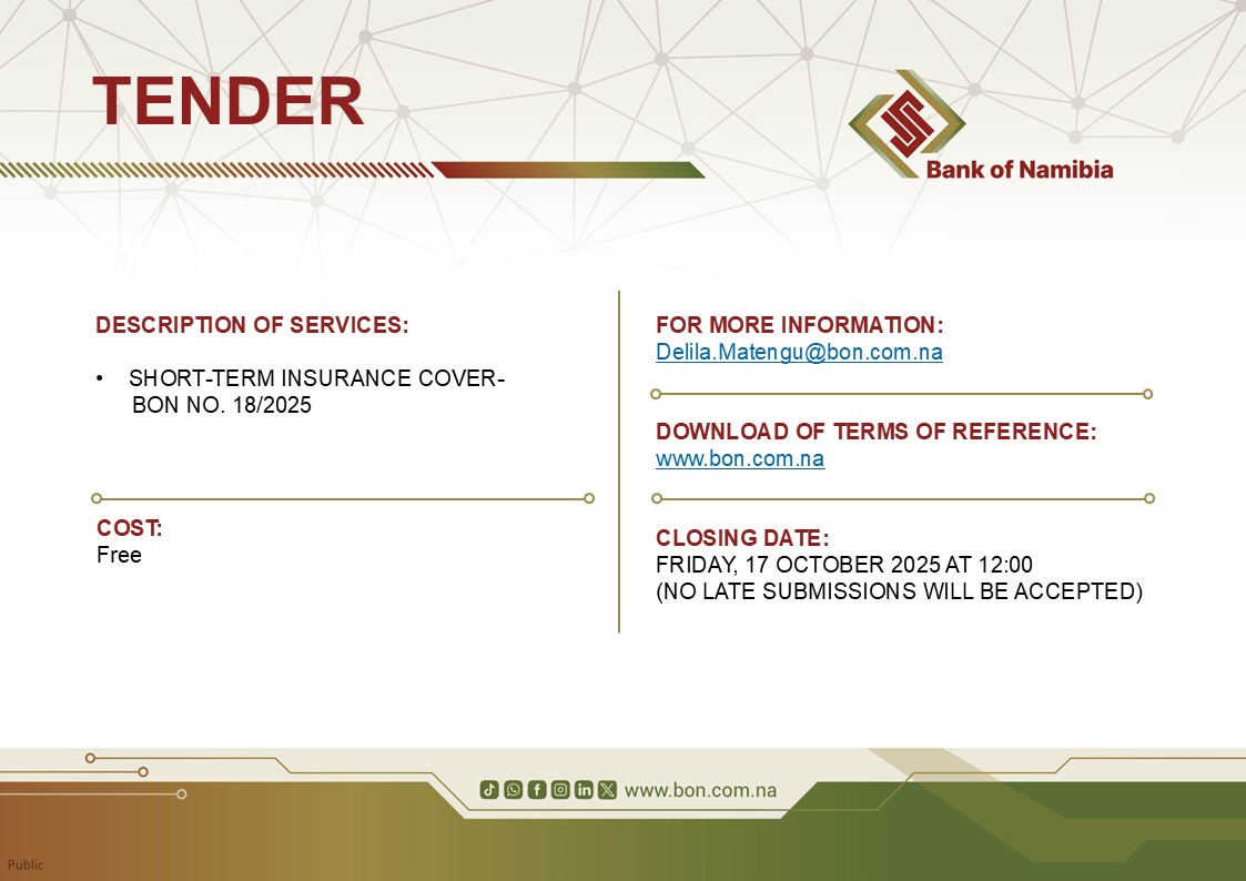 BankofNamibia's tweet photo. #Tender | The Bank of Namibia invites qualified service providers to submit bids for the provision of Short Term Insurance Cover

📧 Submit to: Delila.Matengu@bon.com.na
⏰ Deadline: Friday, 17 October 2025 at 12:00

#BankofNamibia https://t.co/L8pr0rCzOB