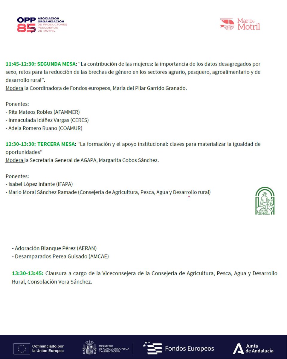 Nuestra gerente de la OPP85 de Motril Inma Carrasco, participará en la jornada técnica sobre la Ley del Estatuto de las mujeres rurales y del mar de #Andalucía. 
Un encuentro organizado por la @andaluciajunta, con motivo del Día Internacional de la #MujerRural.
📅 8 de octubre