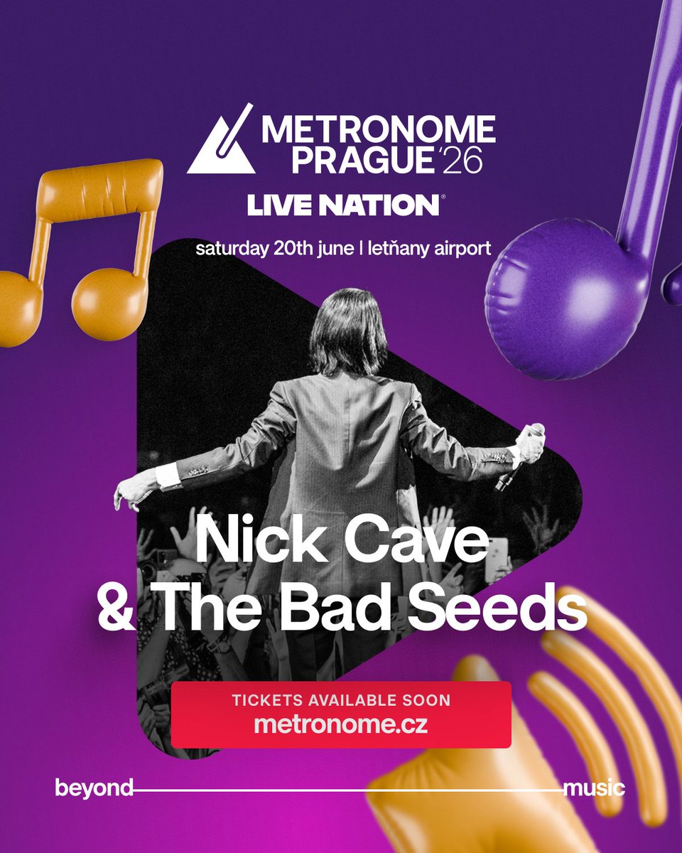 metronomeprague's tweet photo. 💥 ANNOUNCEMENT: The legendary Nick Cave &amp; The Bad Seeds will perform on June 20, 2026, at Metronome Prague 2026 at Letiště Letňany! 🎫Tickets on sale soon!

The Australian icons will kick off a new era of Metronome Prague with a show full of dark poetry and raw emotion. ✨ https://t.co/ORfXQwYVhw
