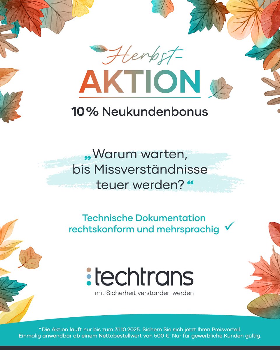 techtransGmbH's tweet photo. Warum warten, bis Missverständnisse teuer werden?
Mit einer klaren Technischen Dokumentation sparen Sie Ärger – und als Neukunde 10 % auf Ihr erstes Projekt. 🍁🍂
👉 https://t.co/1guqLr8bWy

#Übersetzungen #TechnischeDokumentation #3Dvisualisierung #technischeKommunikation https://t.co/xfGSXPeyIN