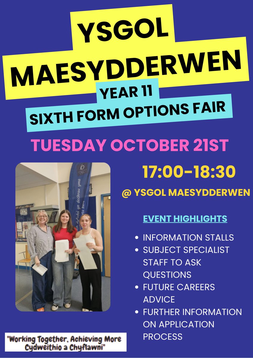 Maesydderwen's tweet photo. Advanced Notice - Maesydderwen Year 11 Options Fair for Sixth Form starting September 2026. Open invitation to all pupils and families to attend. https://t.co/48z1lAELZM