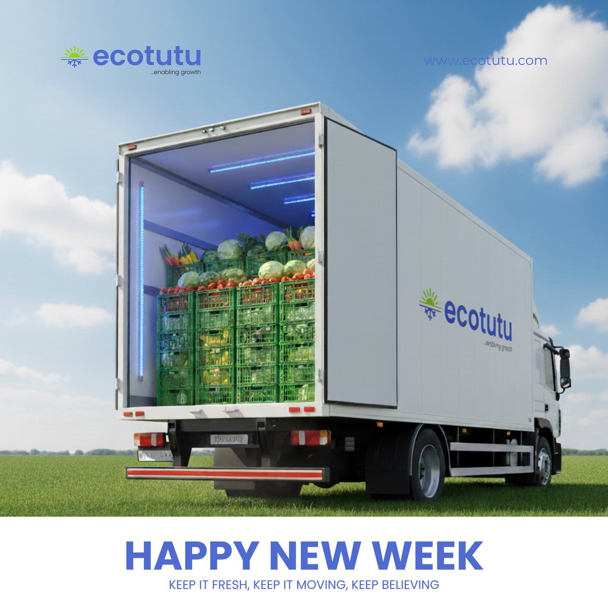 Happy New Week from Ecotutu! 🌍

Let’s make this week about progress, zero waste &amp; growth.
You handle the hustle, we’ll handle the freshness. 🌱🚛

Book your trip with Ecotutu trucks today keep your goods moving fresh!
#Ecotutu #CoolingVan #PostHarvestReduction #FoodSecurity