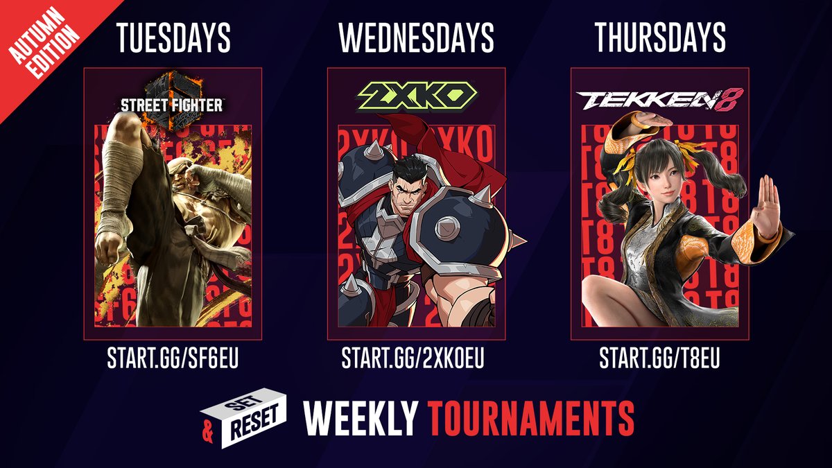 Your favorite weekly tournaments continue this week
The training arc for EVO Nice

➡️Metro City ➡️Urban Square ➡️Bridge of Progress
Choose your game!

Street Fighter 6🥊: start.gg/sf6eu
2XKO⚔️: start.gg/2xkoeu
Tekken 8🥋: start.gg/t8eu