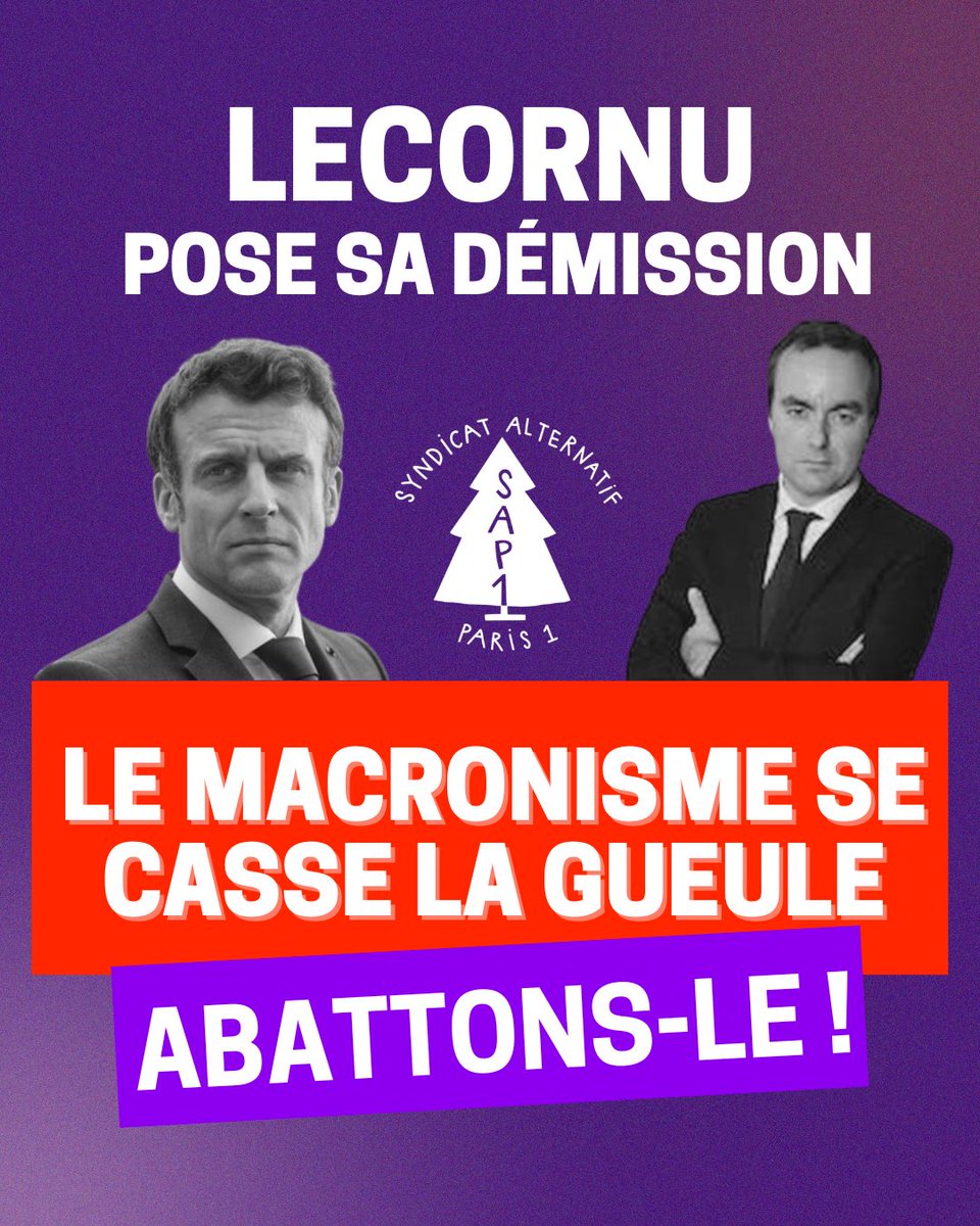 Lecornu pose sa démission même pas 24 h après avoir nommé son gouvernement.
Macron perd ses alliés un à un, sa gouvernance est en crise. 

Alors abattons le macronisme. 💥