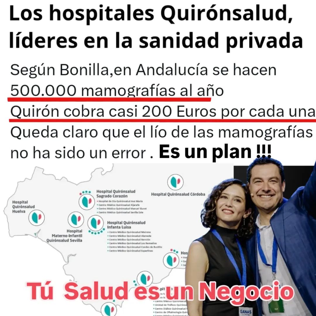 Moreno Bonilla y Díaz Ayuso, Sentencian a una muerte lenta a la Sanidad Pública en Beneficio del Negocio con la sanidad privada.

Moreno Bonilla ya tiene en los Juzgados a los últimos 3 gestores del SAS, por desviar cantidades Millonarias  a la sanidad Privada que tenían como