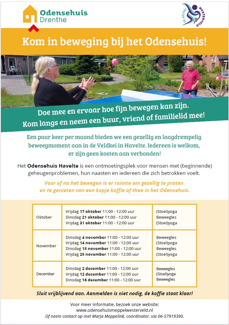 Mooie samenwerking met het Odensehuis Meppel &amp; Westerveld, Odense in beweging! Kom ook en doe mee (zie de flyer).