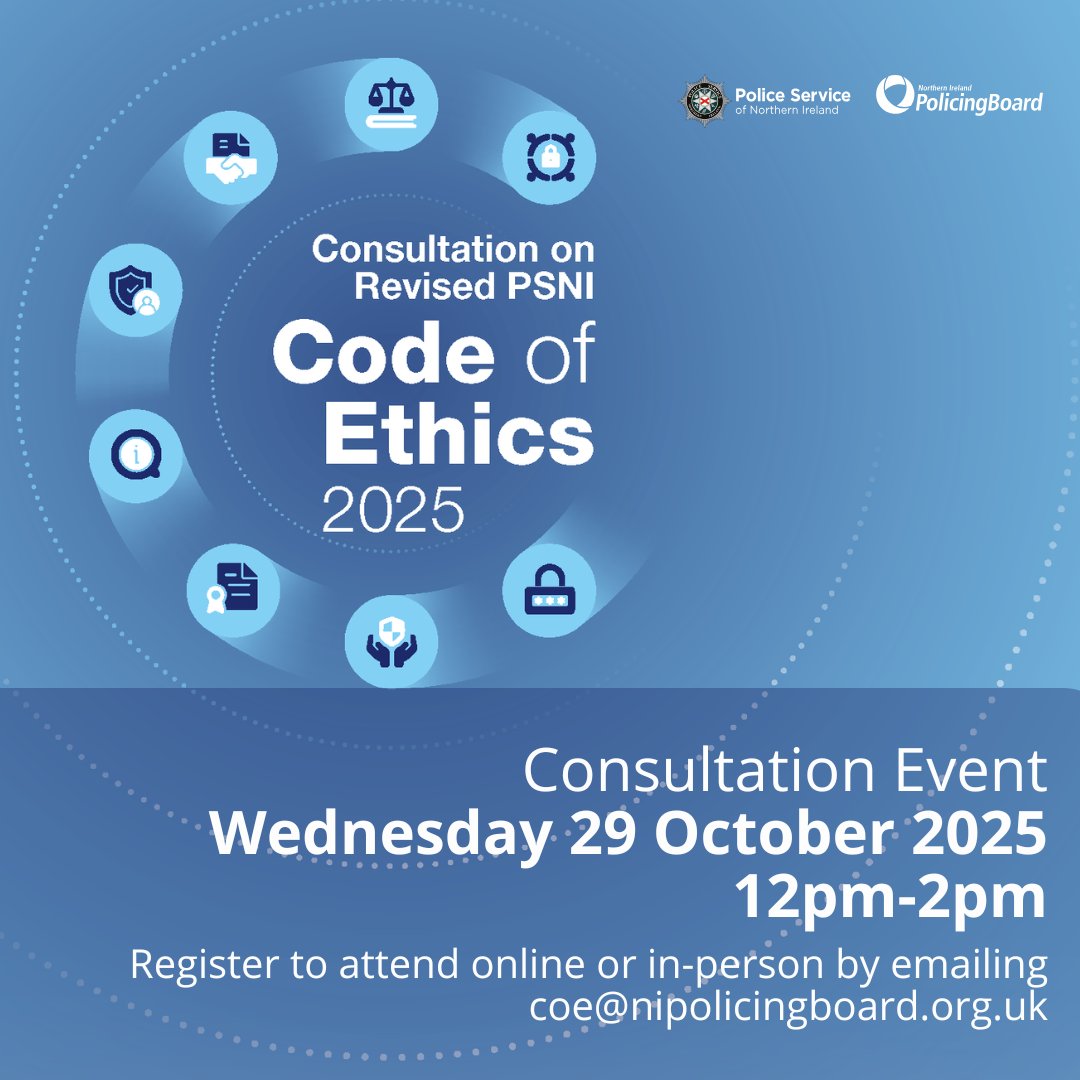 Have your say at our consultation event on the Draft Revised PSNI Code of Ethics. You can come along in person or attend online. To register, email us on coe@nipolicingboard.org.uk.

Find out more: nipolicingboard.org.uk/psni-code-ethi…