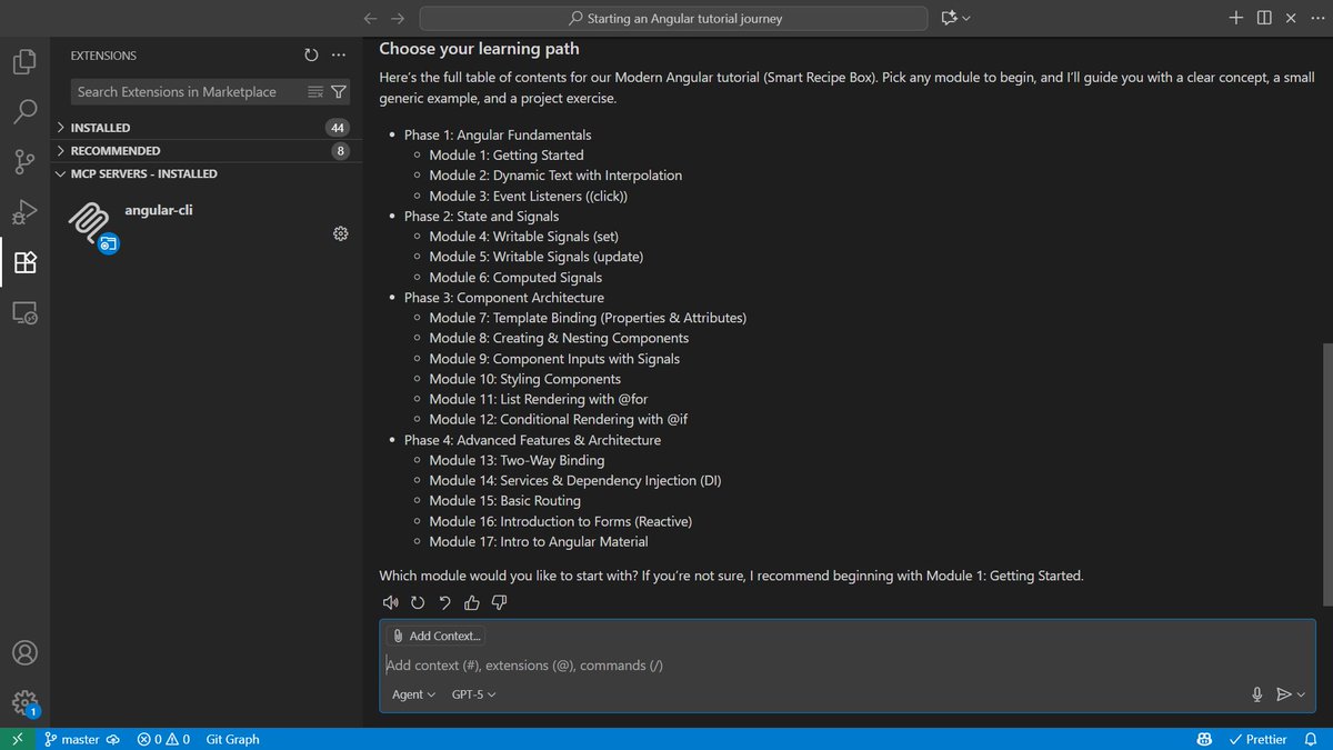 GergelySzerovay's tweet image. 🅰️💥@Angular v21-next.6's MCP server has an 𝐚𝐢_𝐭𝐮𝐭𝐨𝐫 tool for learning Angular. Enter "𝐓𝐞𝐚𝐜𝐡 𝐦𝐞 𝐀𝐧𝐠𝐮𝐥𝐚𝐫" and the 𝐚𝐢_𝐭𝐮𝐭𝐨𝐫 tool loads the tutor persona and shows the curriculum: