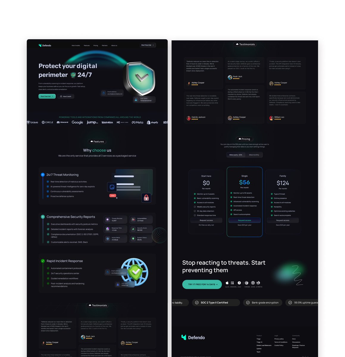 Cyber security landing page design which features various sections but what makes this very unique is the command of the branding. Let's start with the hero section , 

. clear header copy 
. subtext that isn't jargons
. hero image that matches the brand identity and also has