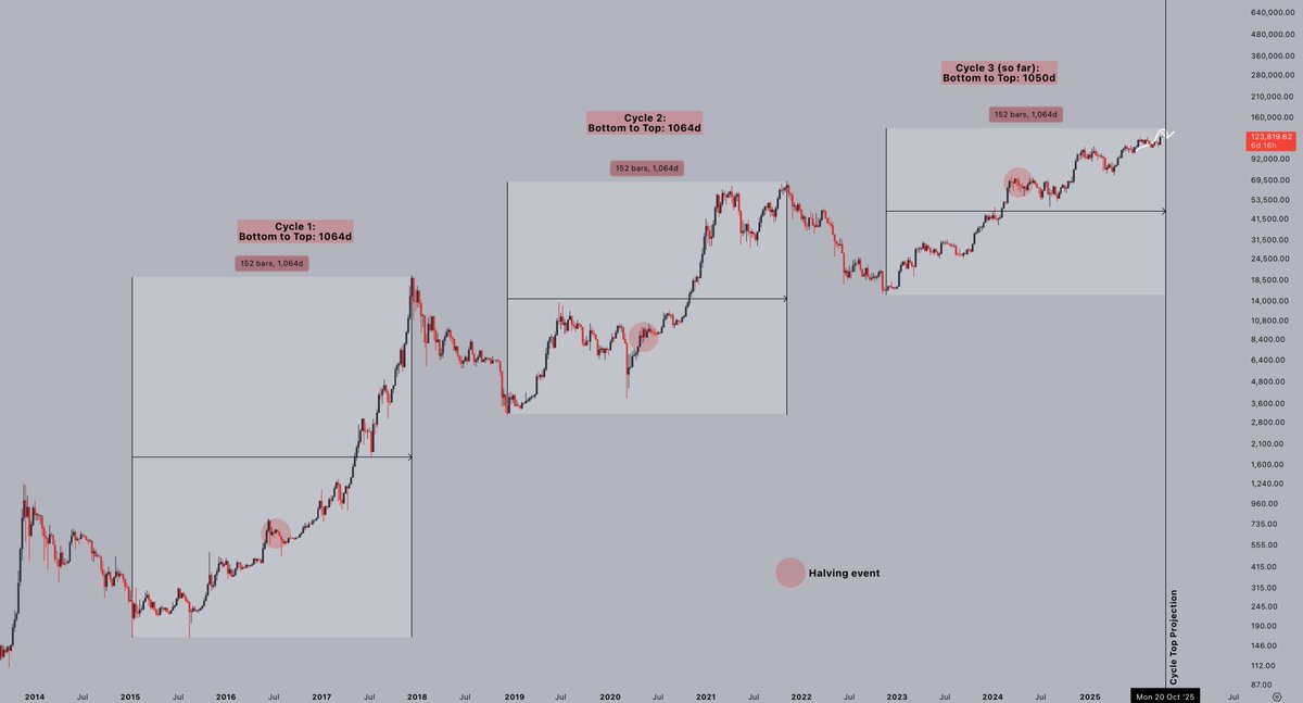 I'm seeing a lot of chatter about cycles lasting 1064 days, and the cycle top therefore being today.

I've been watching the 1064-day pattern for a long time - but so far, we're just 1050 days into the cycle.

IF the 1064-day pattern repeats, we're looking at the next cycle high